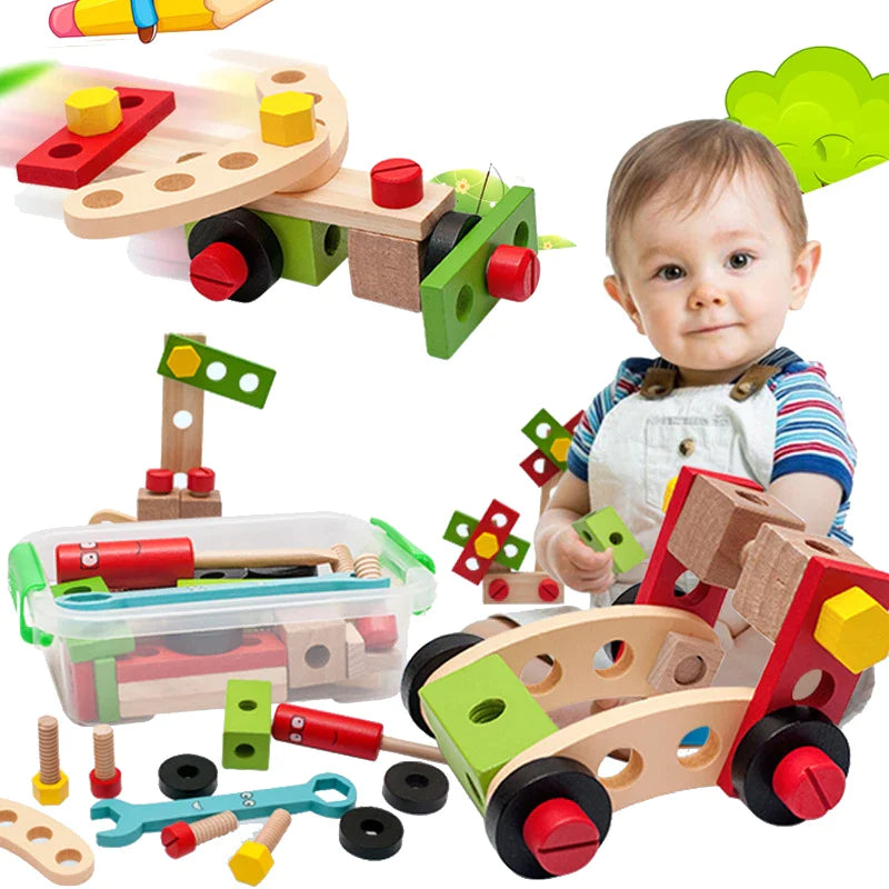 Wooden toolbox play set with colorful building pieces, toy tools, a storage case and assembled vehicles