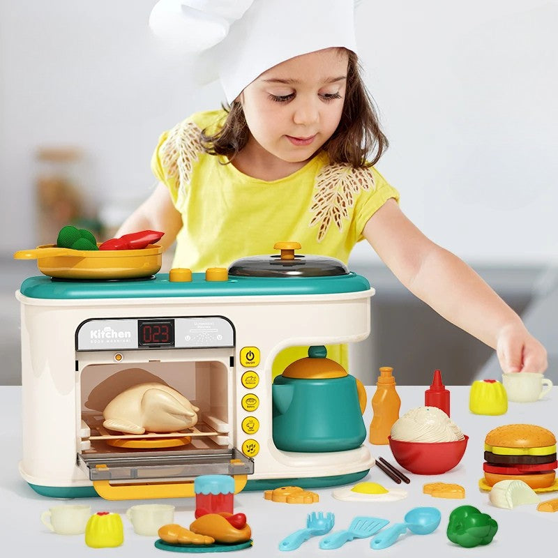 Child in a chef hat playing with a tabletop kitchen, cookware, and pretend food
