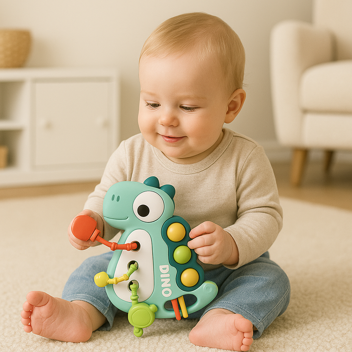 Baby holding a green dinosaur sensory pull toy with colorful cords and pop bubbles