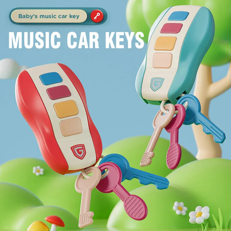 Red and blue musical toy key fobs with colorful buttons and hanging toy keys