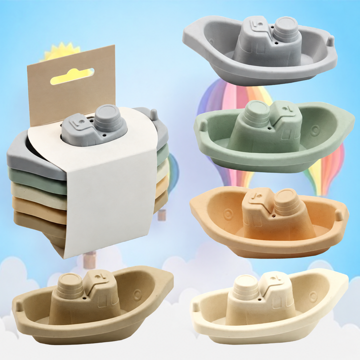 Five muted-color stacking bath boats displayed individually beside a packaged stack.