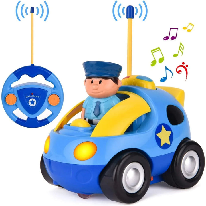 Blue-and-yellow police toy car with an officer figure and steering-wheel-shaped remote