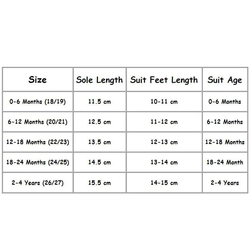 Shoe size chart listing sole length, foot-length ranges, and suggested ages