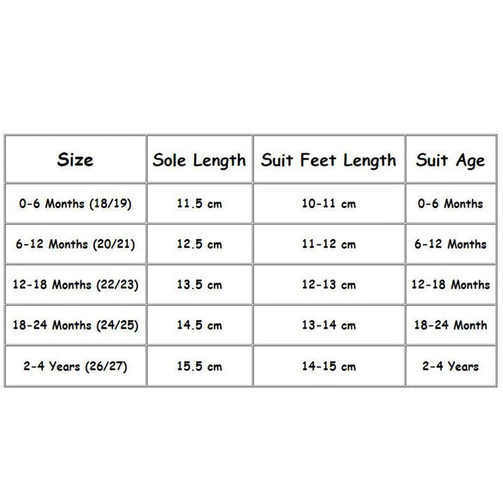 Shoe size chart listing sole length, foot-length ranges, and suggested ages