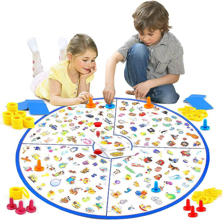 Two children searching a colorful round board with clue cards, rings, and game markers