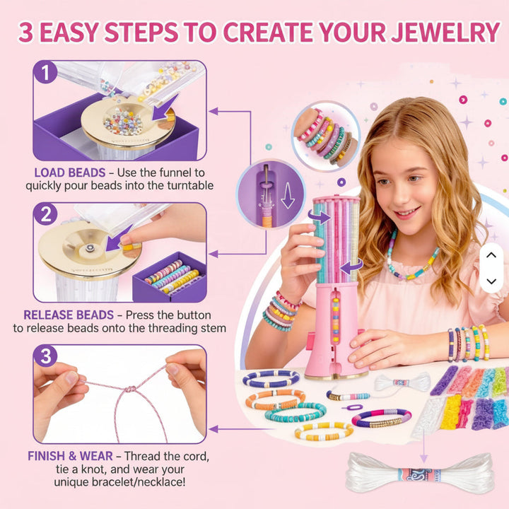 Three-step jewelry-making guide showing how to load beads, release them, and thread and tie the cord