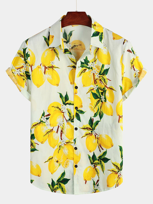Lomari — Men’s Lightweight Cotton Hawaiian Shirt with Lemon Print - short - Zavonix
