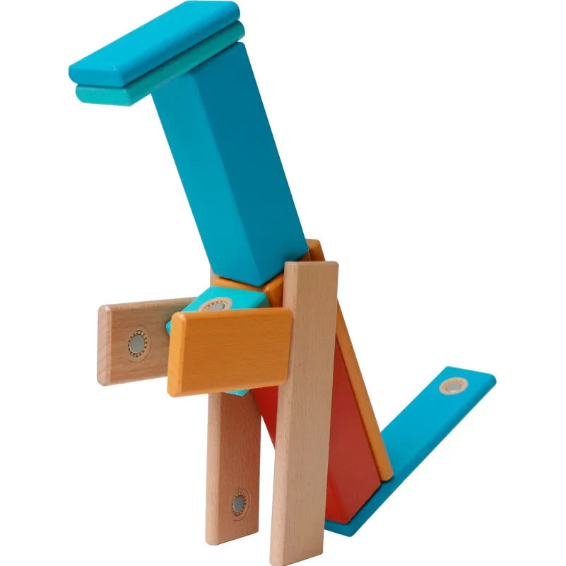 Long-necked animal model assembled from colorful magnetic wooden blocks
