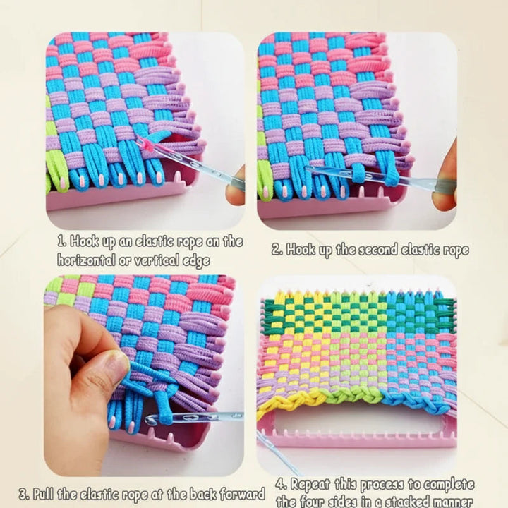 Close-up steps showing a hook lifting and finishing the edges of a woven square
