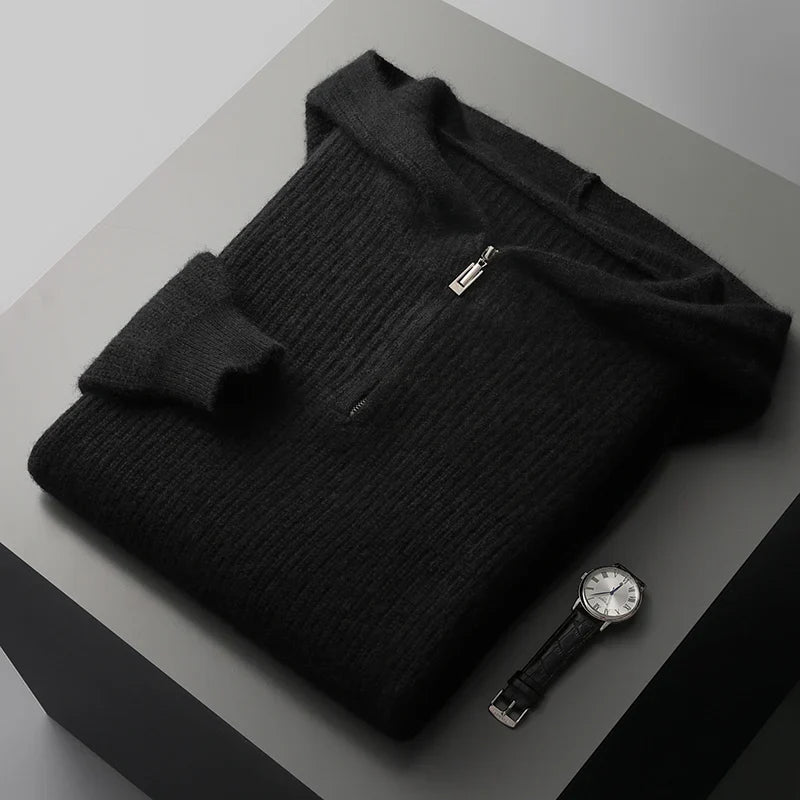Lorian Hoodie — Premium Merino Wool Half - Zip Pullover with Relaxed Fit (Black S) - | Zavonix