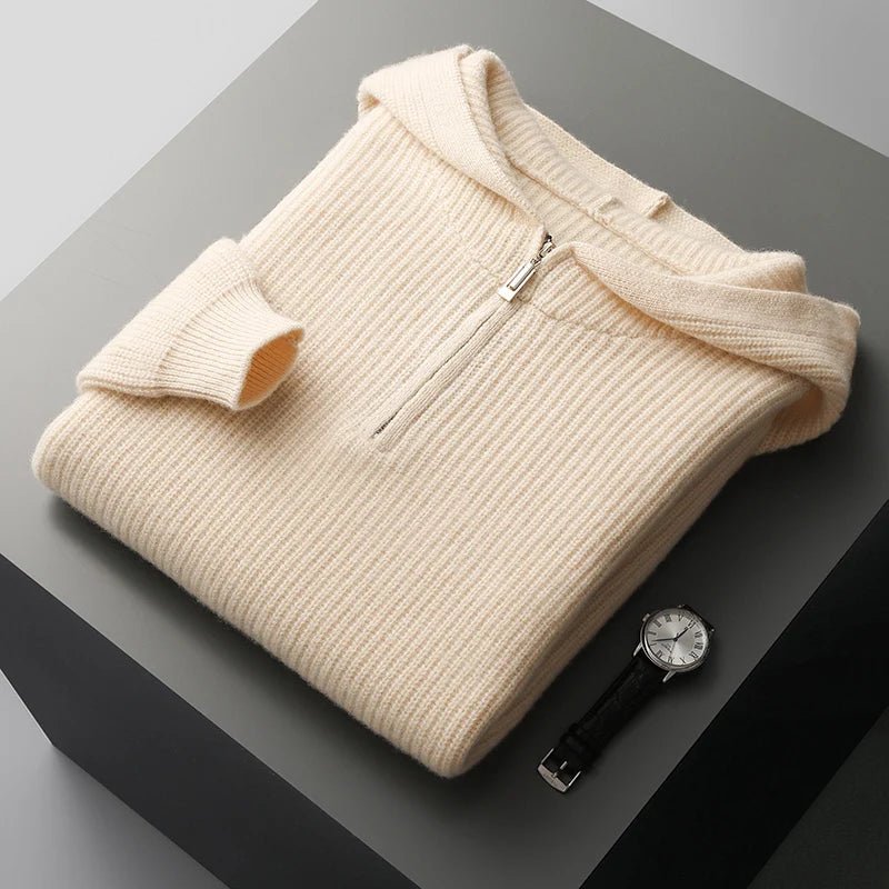 Lorian Hoodie — Premium Merino Wool Half - Zip Pullover with Relaxed Fit (Beige S) - | Zavonix