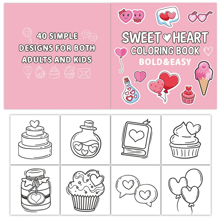 Front and back of the pink Love coloring book with sample heart and dessert designs