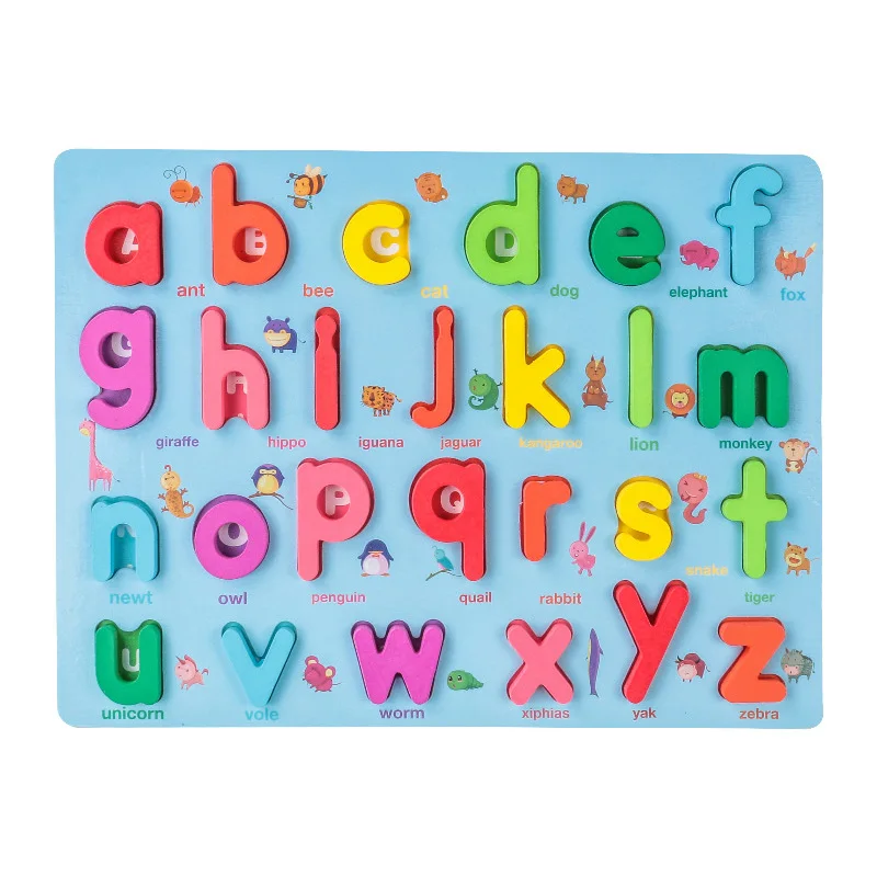 Lowercase alphabet puzzle with letters a to z and small animal illustrations