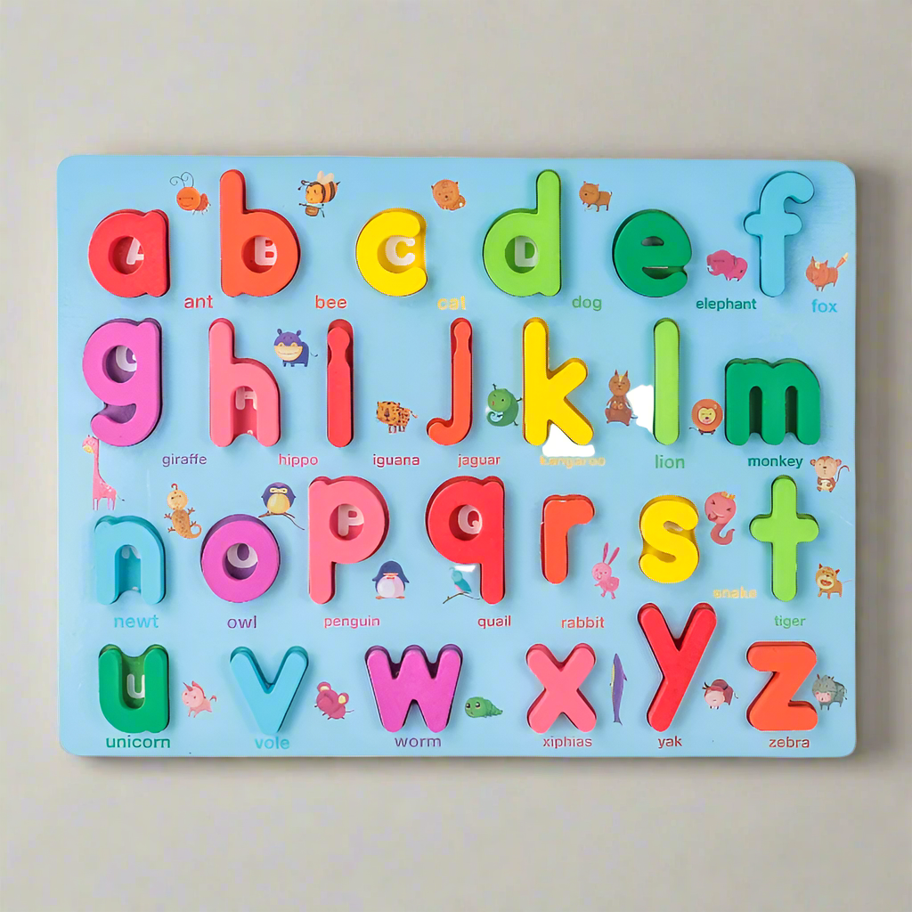Lowercase wooden alphabet board with multicolored letters on a light background