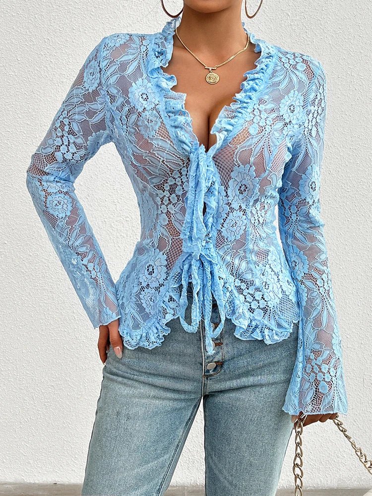LunaVera™ Lace Knit Top — Unleash Your Radiance and Own Every Moment (Light Blue L) - | Zavonix