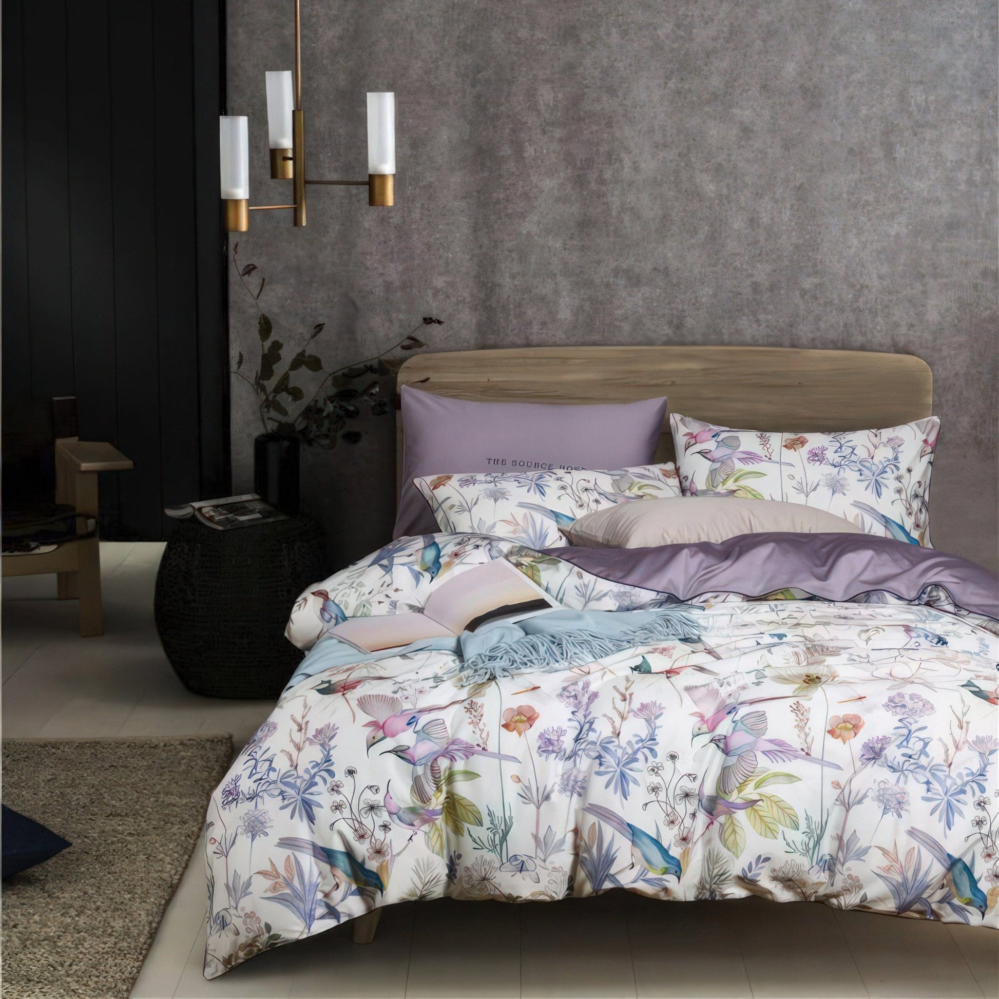 Luxurious Egyptian Cotton Bedding Set with Botanical Design – Soft White and Muted Lilac Reversible Comforter 4