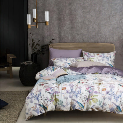 Luxurious Egyptian Cotton Bedding Set with Botanical Design – Soft White and Muted Lilac Reversible Comforter 4