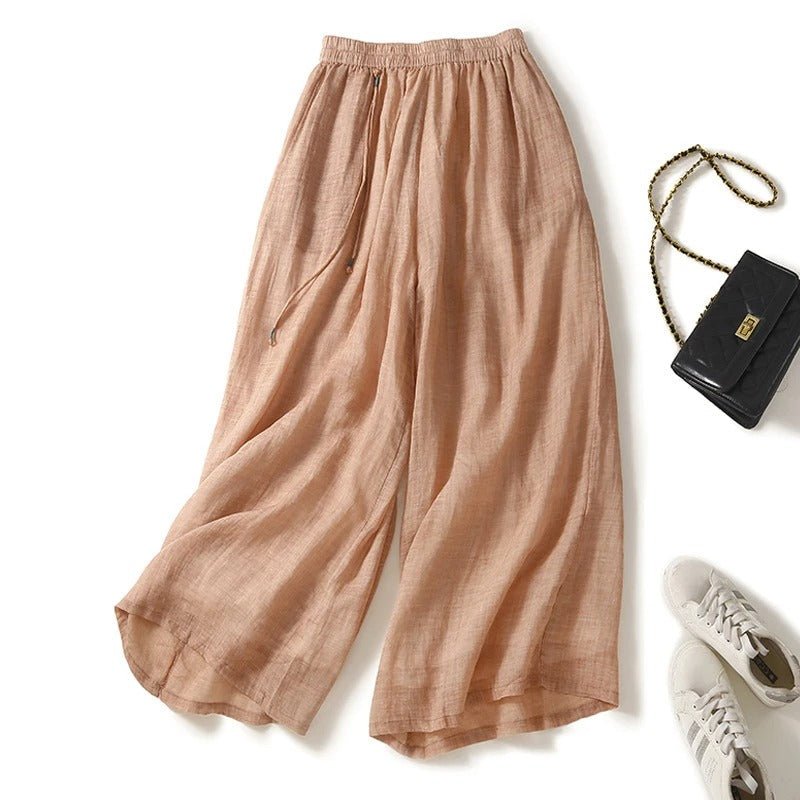 Lynden — Linen Wide - Leg Pants with Adjustable Drawstring Waist (Peach XS) - | Zavonix