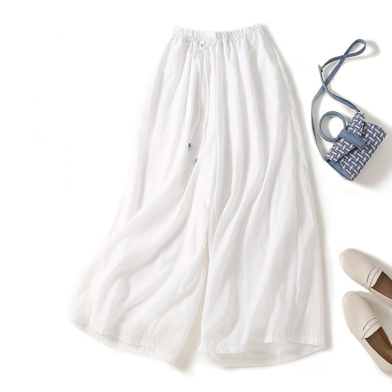 Lynden — Linen Wide - Leg Pants with Adjustable Drawstring Waist (White XS) - | Zavonix