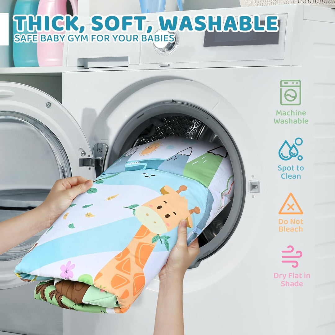 Animal-print play mat being placed in a washing machine