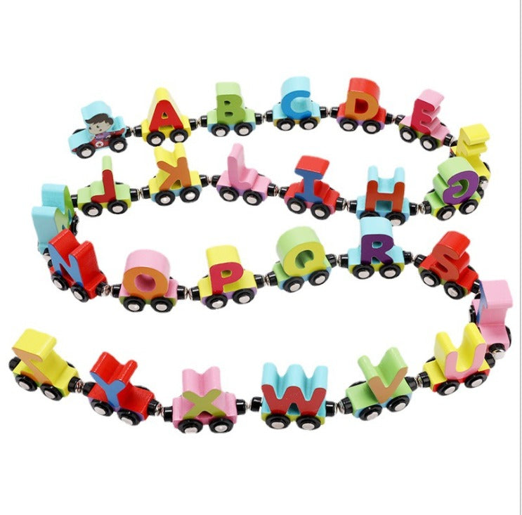 Magnetic wooden alphabet train cars linked in curved rows.