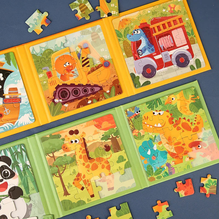 Open animal and transport puzzle books with colorful scenes and loose magnetic jigsaw pieces.