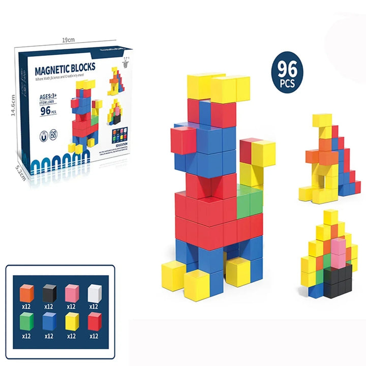 96-piece magnetic block set with sample builds, box measurements and a color-count chart