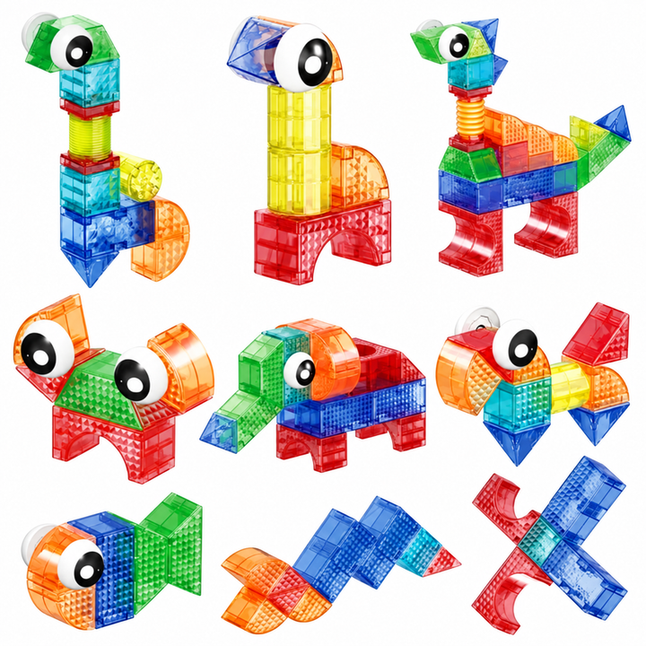 Magnetic blocks assembled into tall creatures, small animals, and airplane-shaped builds.