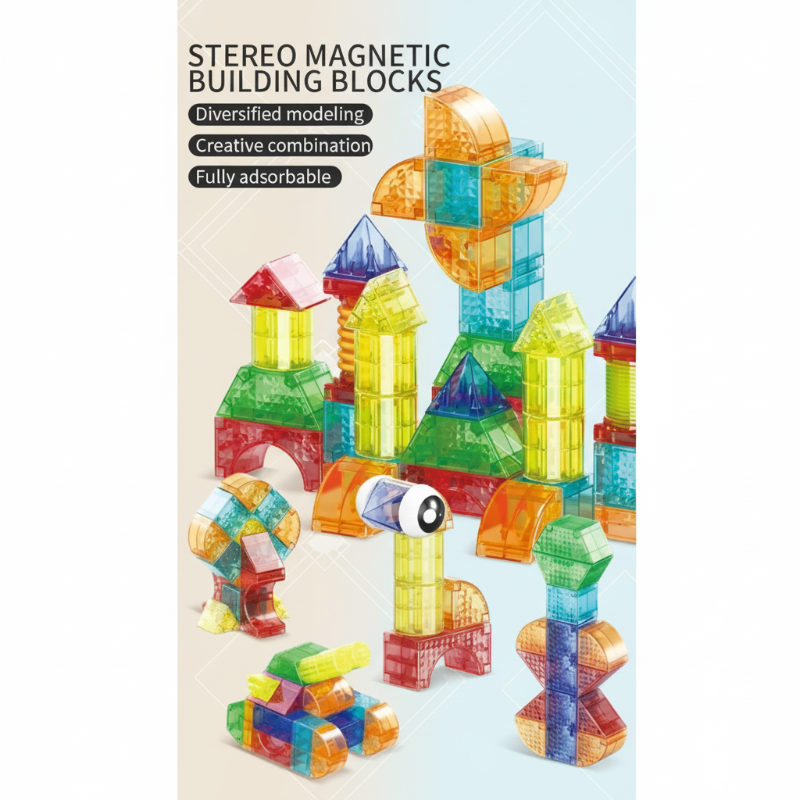 Colorful magnetic blocks arranged as towers, vehicles, and imaginative creatures.