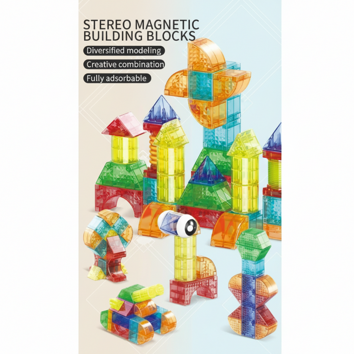 Colorful magnetic blocks arranged as towers, vehicles, and imaginative creatures.