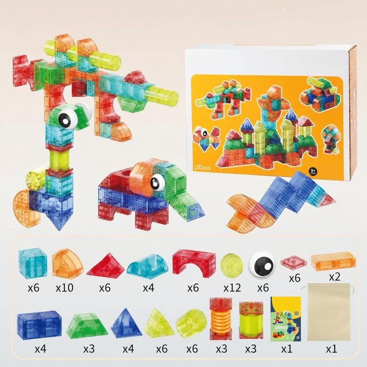 102-piece magnetic building block set with packaging and an illustrated contents guide.