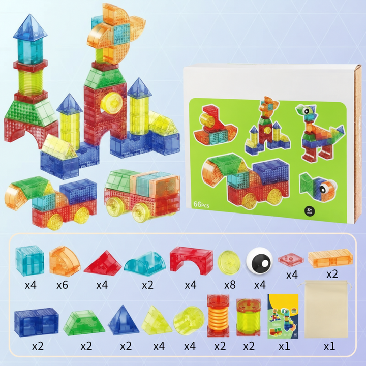 66-piece magnetic building block set with packaging and an illustrated contents guide.