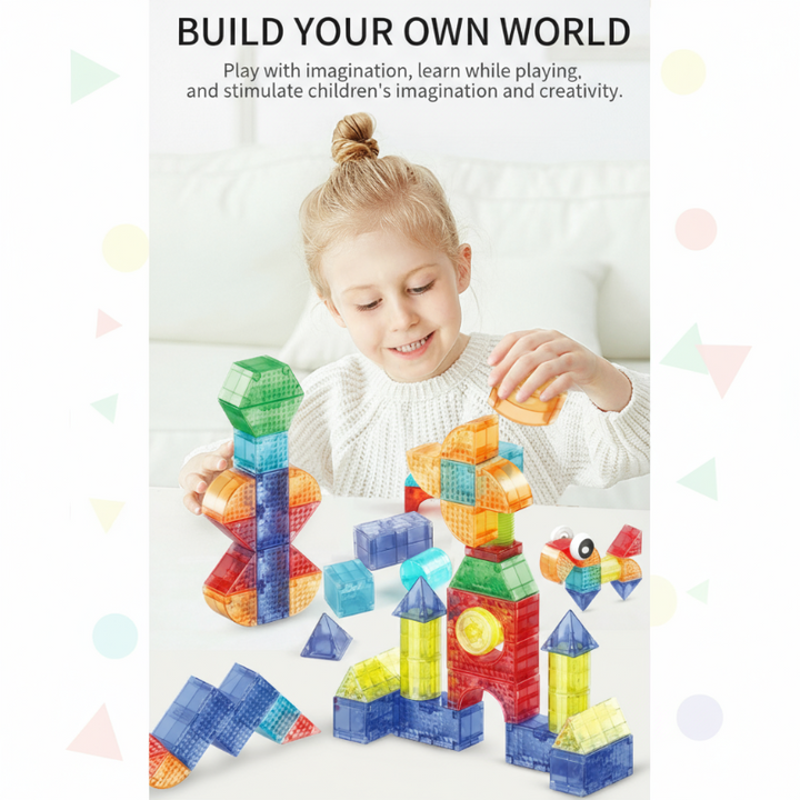 Child building colorful magnetic towers and figures on a table.