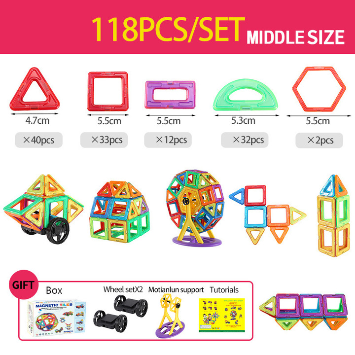 118-piece magnetic building set chart showing shape counts, model examples, and accessories