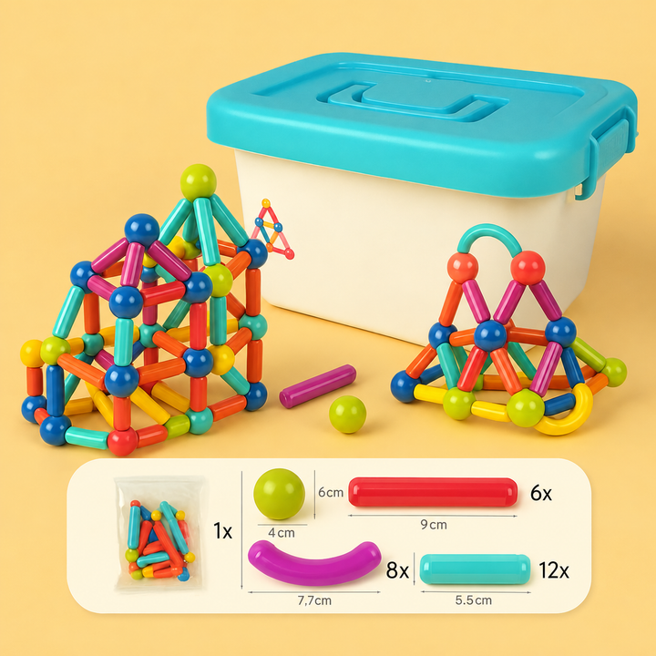 36-piece magnetic building set with a turquoise-lidded storage box and illustrated piece guide