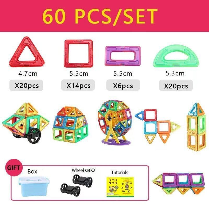 60-piece magnetic building set with shape counts, model examples, wheel accessories, and a storage box