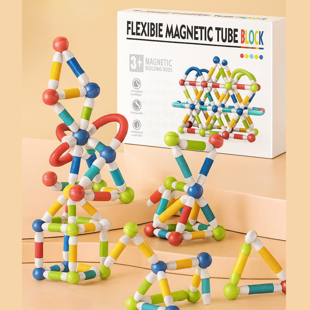 64-piece magnetic building set shown with geometric models and a colorful box