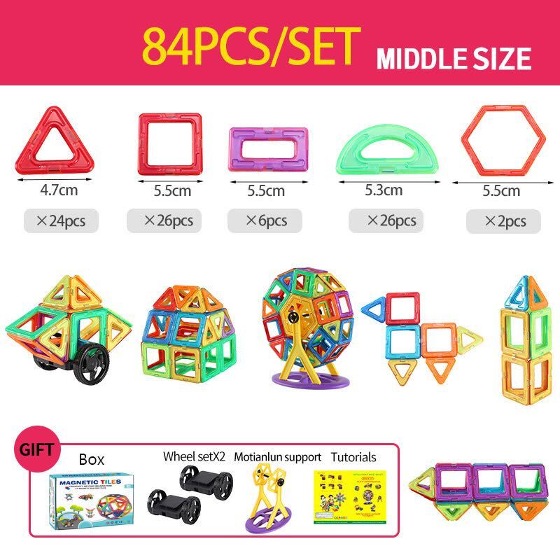 84-piece magnetic building set chart with assorted shapes, wheels, a model stand, and a building guide