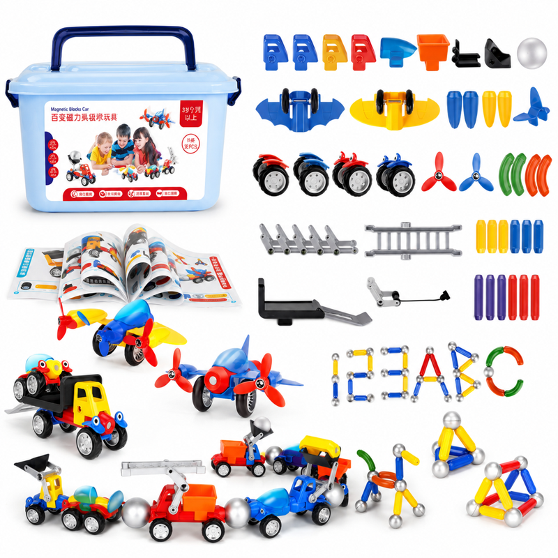 Magnetic building pieces, wheels, vehicle parts, storage box, guide, and assembled models.