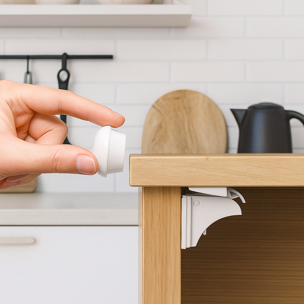 Hand holding a white magnetic key beside a lock mounted inside a kitchen cabinet