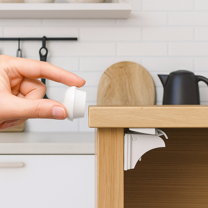 Hand holding a white magnetic key beside a lock mounted inside a kitchen cabinet