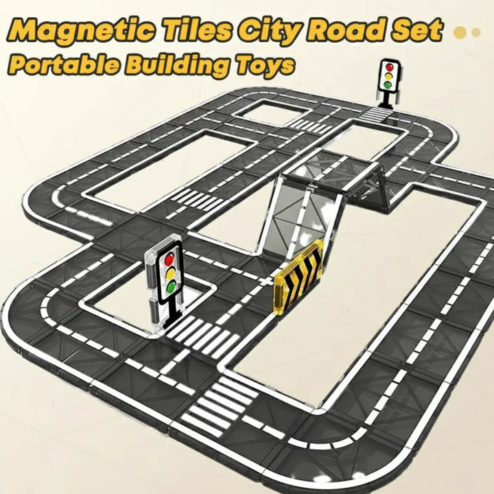 Magnetic road layout with a raised bridge, intersections, and traffic lights