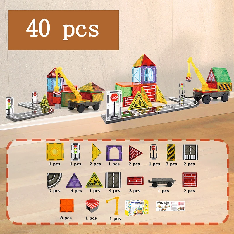40-piece magnetic construction and traffic set with buildings, crane trucks, roads, and a parts guide