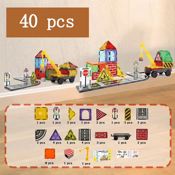 40-piece magnetic construction and traffic set with buildings, crane trucks, roads, and a parts guide
