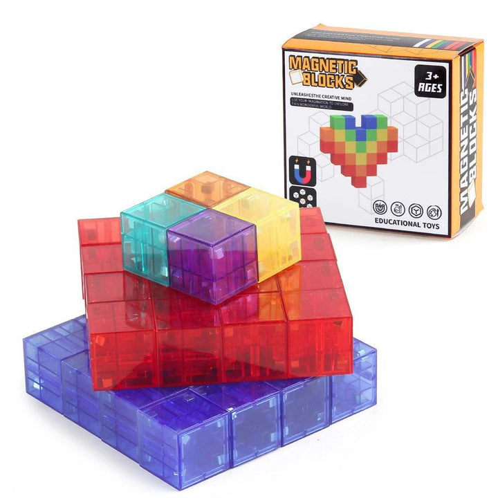 36-piece magnetic cube set stacked in a colorful structure in front of its box.