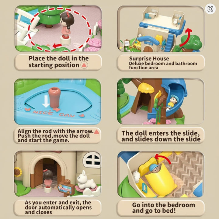 Guide showing figure placement, magnetic controls, opening doors, a slide and dollhouse rooms