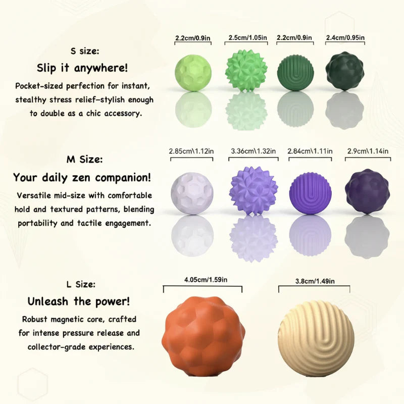 Size chart comparing small, medium and large textured magnetic fidget beads
