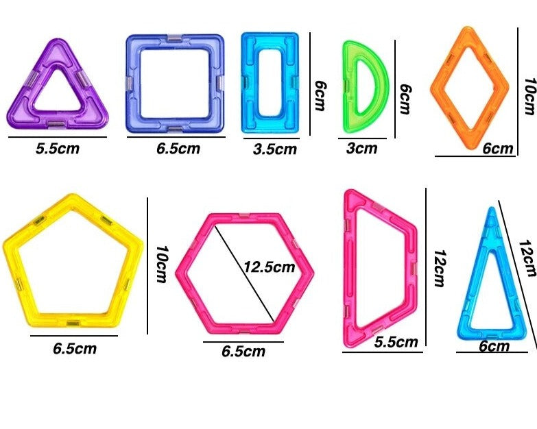 Measurement chart for magnetic triangles, squares, rectangles, and other geometric shapes