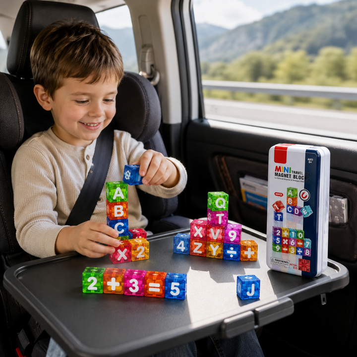 Child connecting colorful magnetic letter cubes on a car tray beside the storage tin