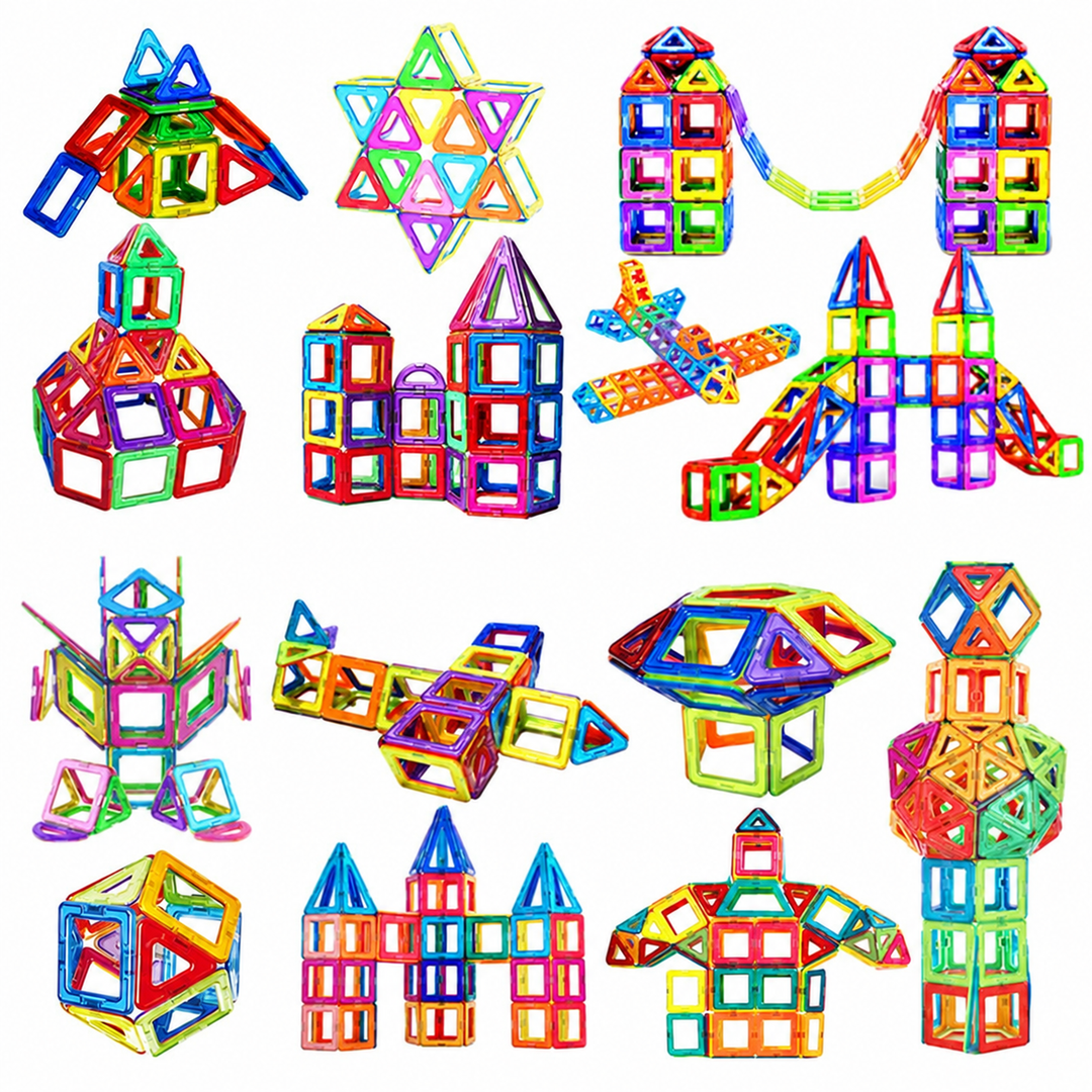 Magnetic building ideas including houses, a plane, a robot, and geometric models